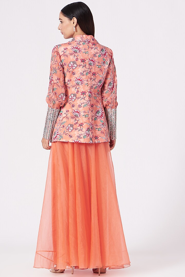 Coral Printed & Embroidered Jacket Set by Chhavvi Aggarwal at Pernia's Pop Up Shop