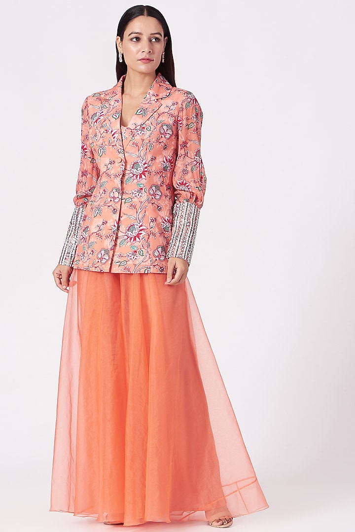 Coral Printed & Embroidered Jacket Set by Chhavvi Aggarwal at Pernia's Pop Up Shop