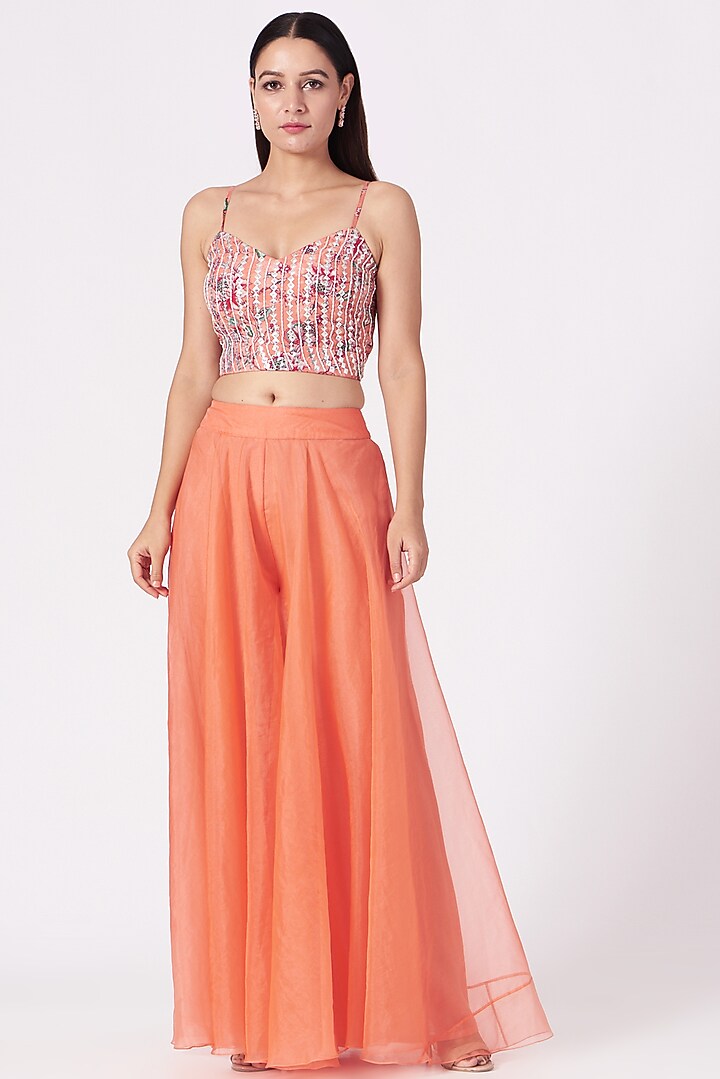 Coral Printed & Embroidered Jacket Set by Chhavvi Aggarwal at Pernia's Pop Up Shop