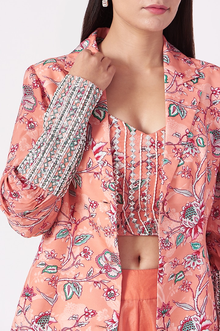 Coral Printed & Embroidered Jacket Set by Chhavvi Aggarwal at Pernia's Pop Up Shop