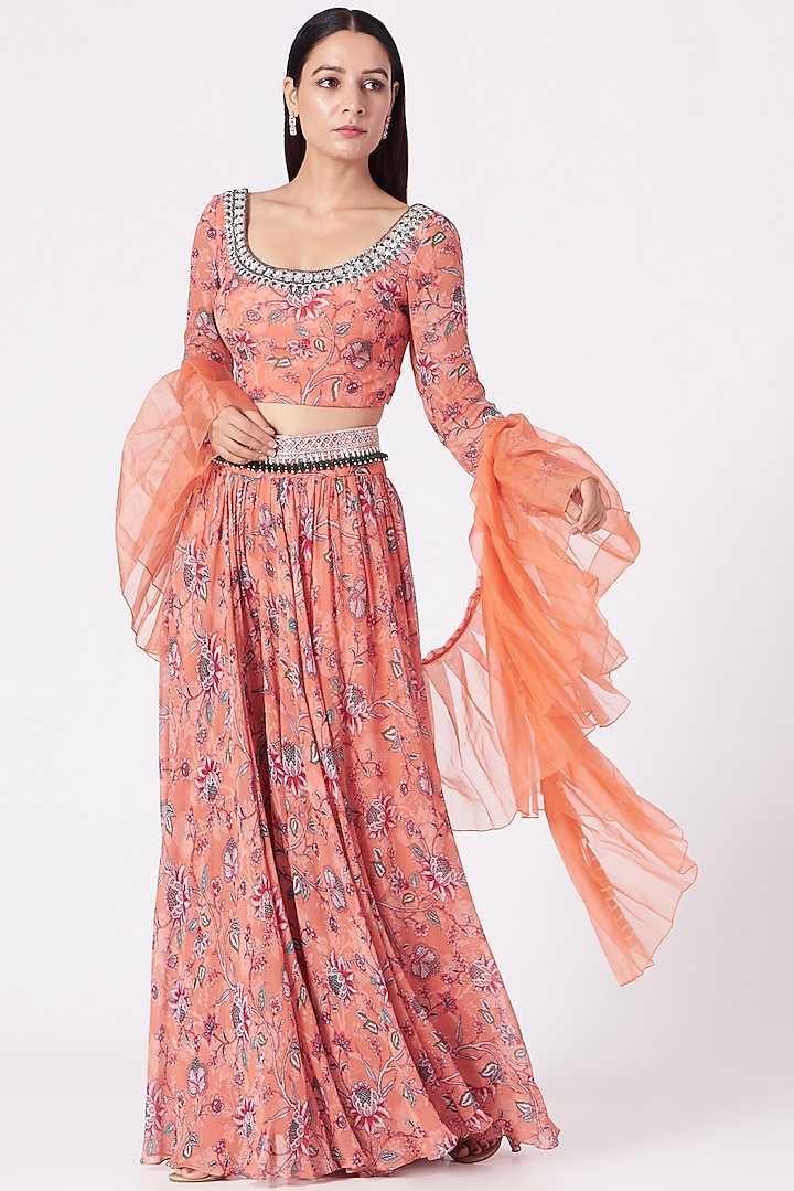 Coral Printed Palazzo Pant Set by Chhavvi Aggarwal