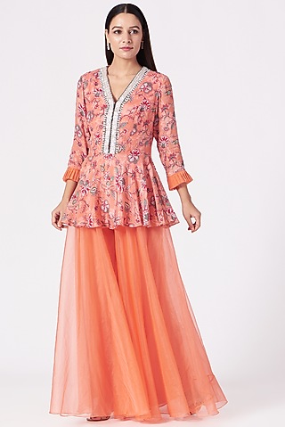 Coral Organza Palazzo Pant Set by Chhavvi Aggarwal