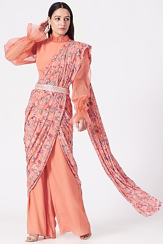 Coral Crepe Printed Draped Pant Saree Set by Chhavvi Aggarwal