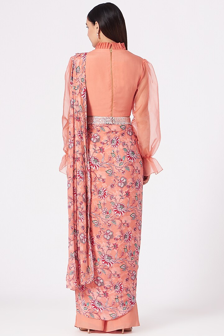 Coral Crepe Printed Draped Pant Party Wear Saree Set by Chhavvi Aggarwal at Pernia's Pop Up Shop