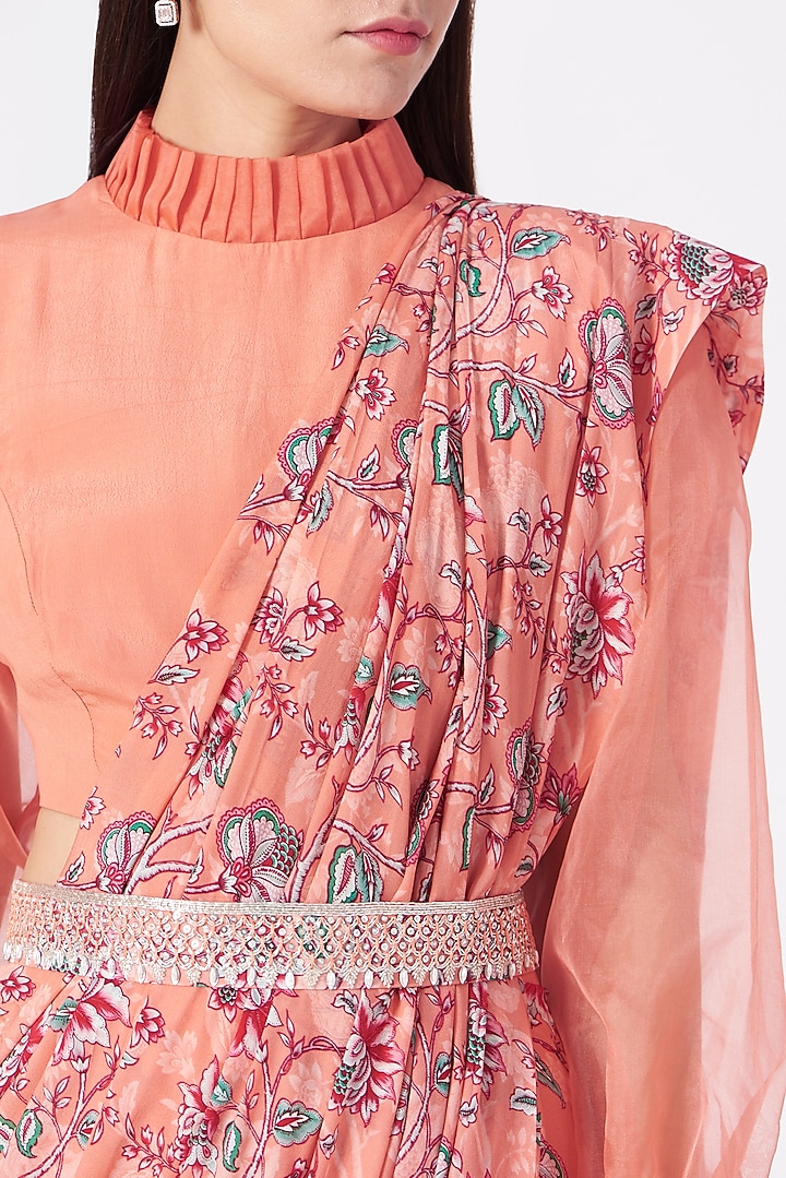 Coral Crepe Printed Draped Pant Party Wear Saree Set by Chhavvi Aggarwal at Pernia's Pop Up Shop