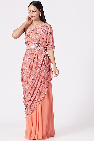 Coral Hand Embroidered Tunic Set by Chhavvi Aggarwal