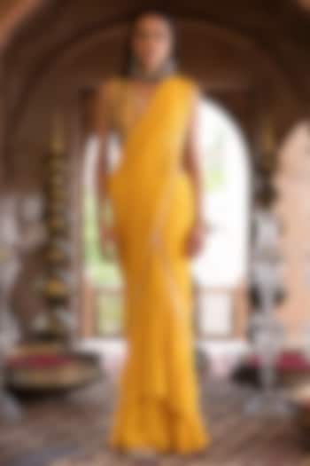 Yellow Crepe & Georgette Pre-Draped Saree Set by Chhavvi Aggarwal