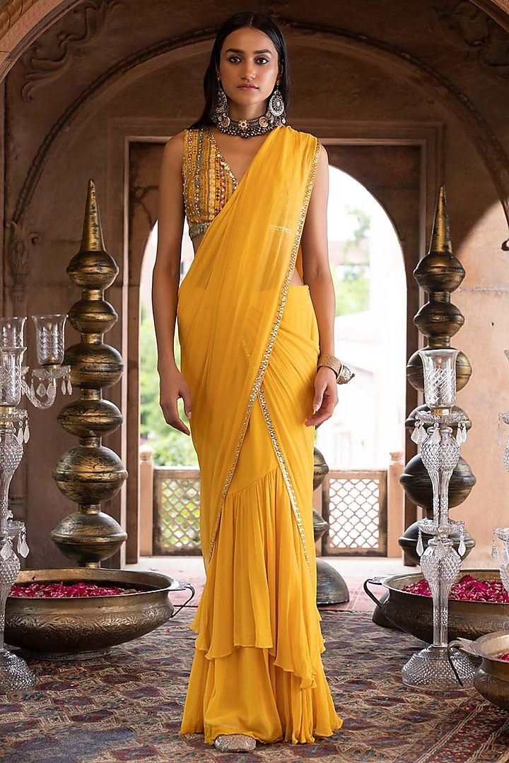 Yellow Crepe & Georgette Pre-Draped Saree Set by Chhavvi Aggarwal