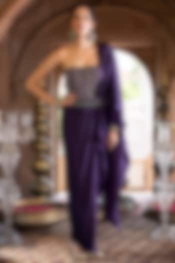 Purple Embroidered Wedding Gown Saree With Belt by Chhavvi Aggarwal at Pernia's Pop Up Shop