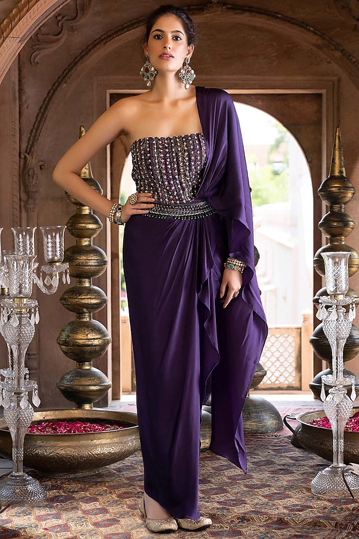Purple Embroidered Gown Saree With Belt by Chhavvi Aggarwal