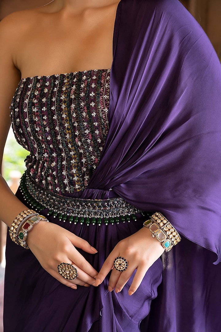 Purple Embroidered Wedding Gown Saree With Belt by Chhavvi Aggarwal at Pernia's Pop Up Shop