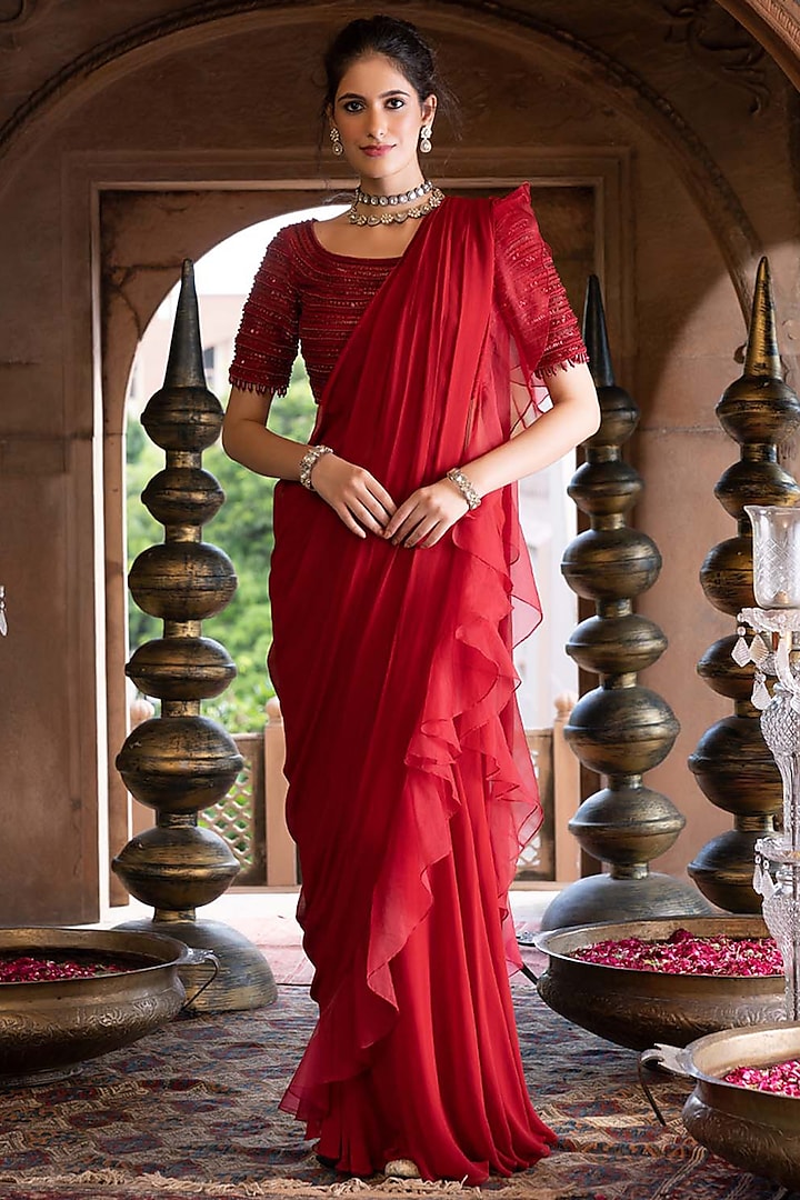Maroon Georgette Pre-Stitched Saree Set by Chhavvi Aggarwal