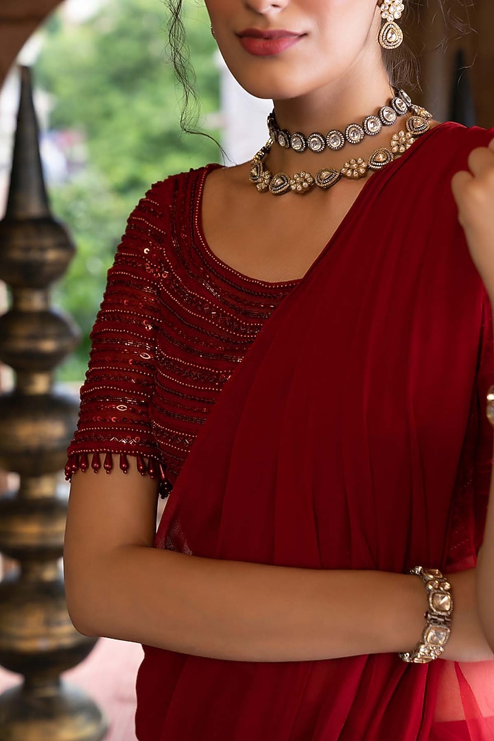 Maroon Georgette Pre-Stitched Wedding Saree Set by Chhavvi Aggarwal at Pernia's Pop Up Shop
