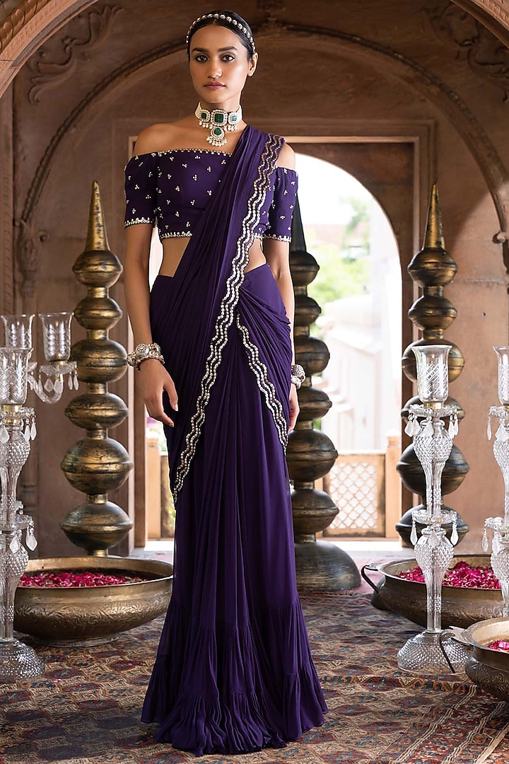 Purple Georgette Pre-Draped Saree Set by Chhavvi Aggarwal