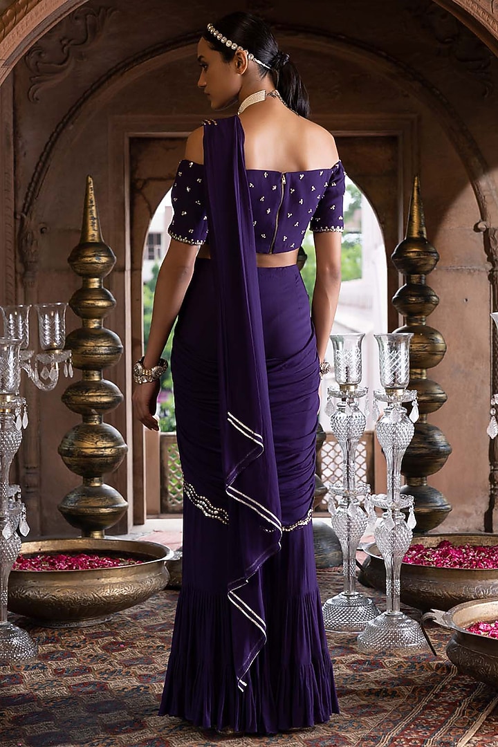 Purple Georgette Pre-Draped Wedding Saree Set by Chhavvi Aggarwal at Pernia's Pop Up Shop