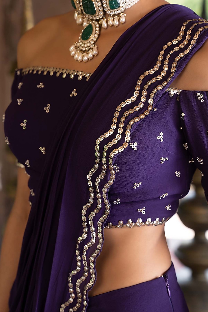 Purple Georgette Pre-Draped Wedding Saree Set by Chhavvi Aggarwal at Pernia's Pop Up Shop