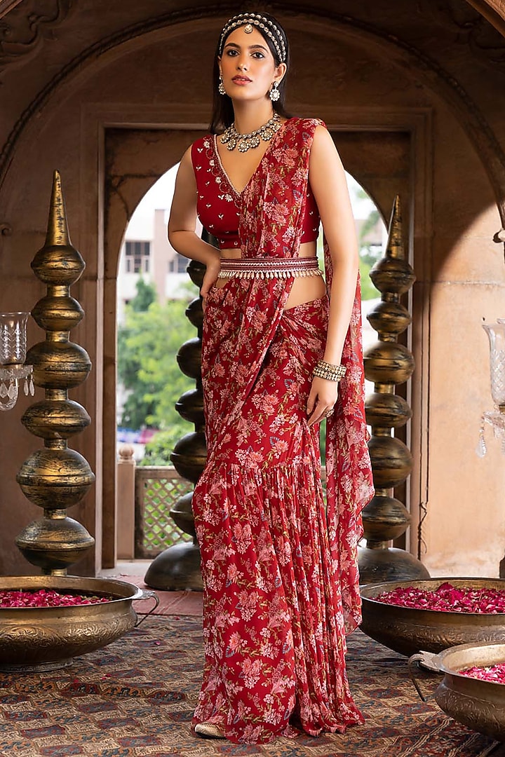 Maroon Printed Pre-Stitched Saree Set by Chhavvi Aggarwal at Pernia's Pop Up Shop