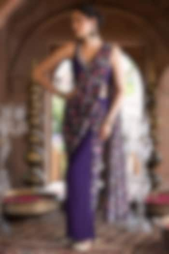 Purple Crepe Printed Pant Saree Set by Chhavvi Aggarwal at Pernia's Pop Up Shop