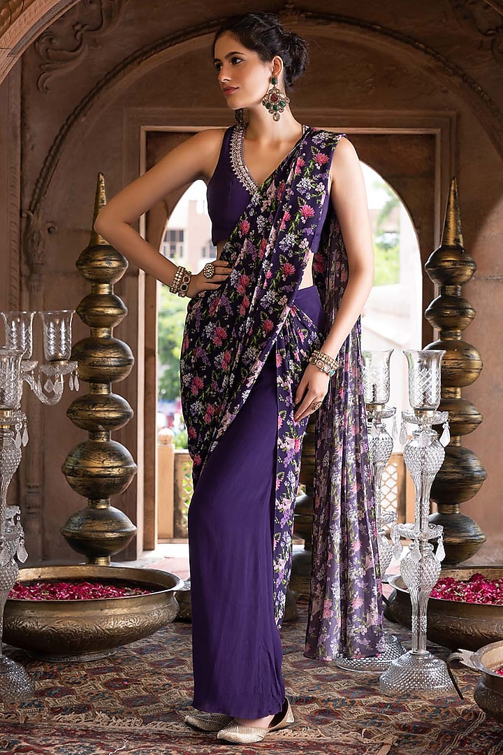 Purple Crepe Printed Pant Saree Set by Chhavvi Aggarwal at Pernia's Pop Up Shop