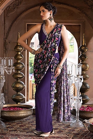 Purple Crepe Printed Pant Saree Set by Chhavvi Aggarwal