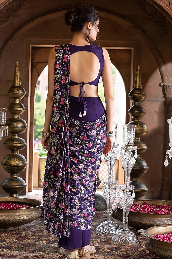 Purple Crepe Printed Pant Party Wear Saree Set by Chhavvi Aggarwal at Pernia's Pop Up Shop