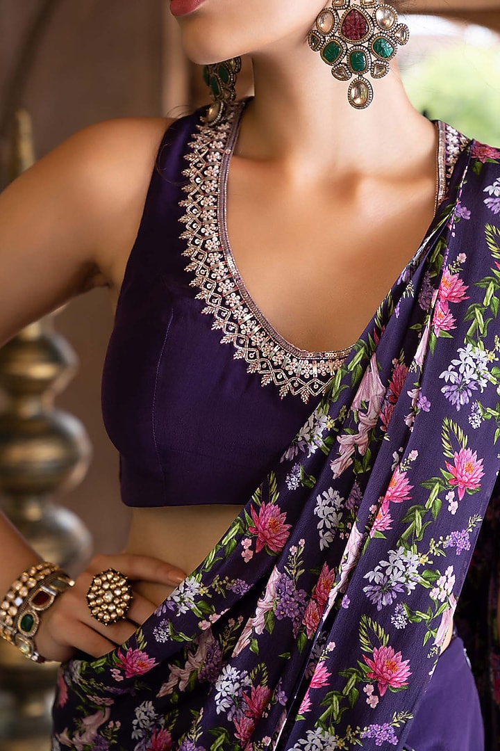 Purple Crepe Printed Pant Party Wear Saree Set by Chhavvi Aggarwal at Pernia's Pop Up Shop