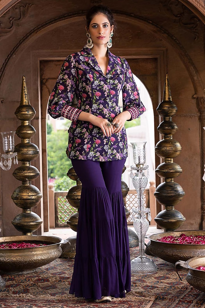 Purple Georgette Layered Sharara Set by Chhavvi Aggarwal