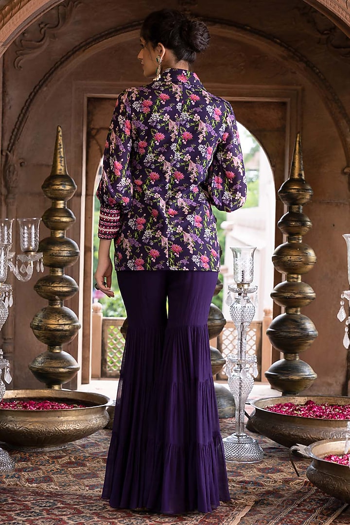 Purple Georgette Layered Party Wear Sharara Set by Chhavvi Aggarwal at Pernia's Pop Up Shop