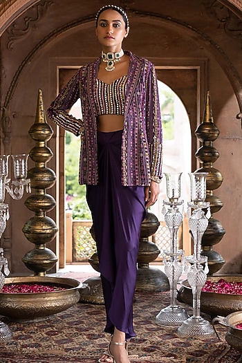 Purple Satin Draped Skirt Set by Chhavvi Aggarwal at Pernia's Pop Up Shop