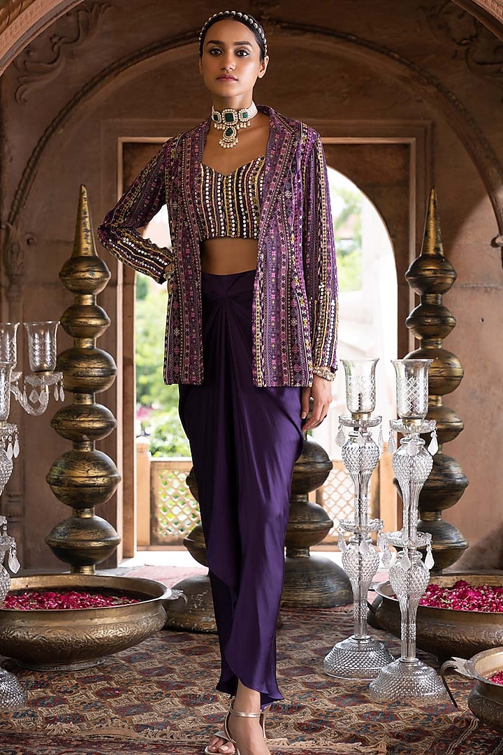 Purple Satin Draped Skirt Set by Chhavvi Aggarwal
