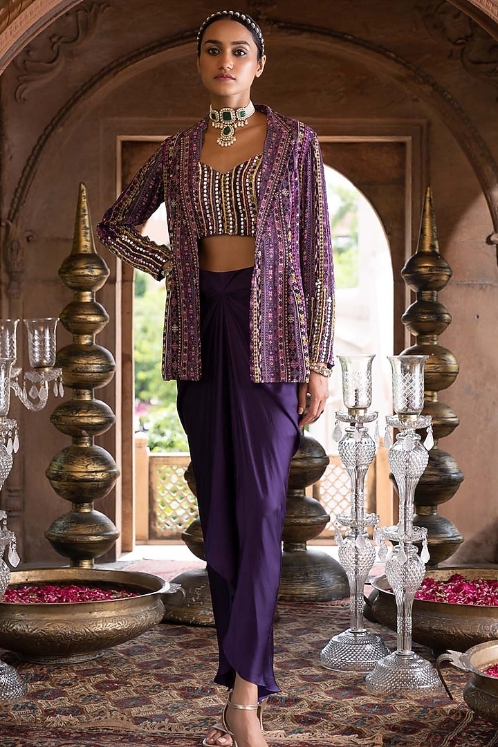 Purple Satin Draped Skirt Set by Chhavvi Aggarwal at Pernia's Pop Up Shop