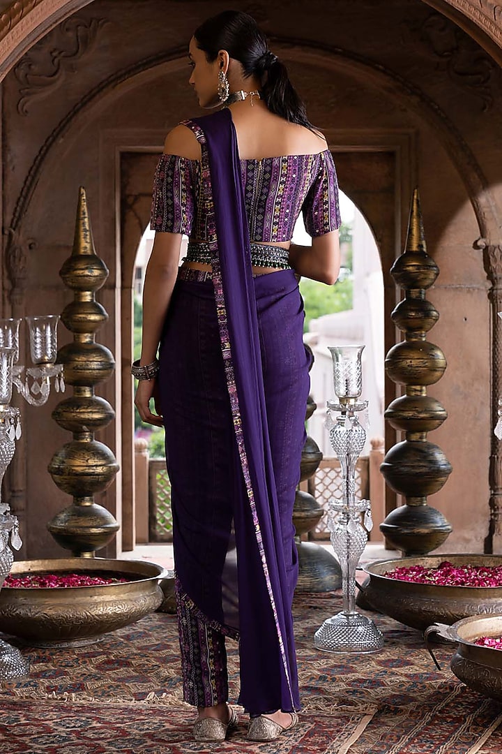 Purple Georgette & Crepe Printed Pant Party Wear Saree Set by Chhavvi Aggarwal at Pernia's Pop Up Shop