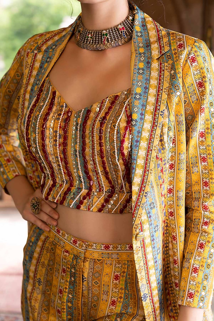 Yellow Crepe Printed Blazer Set by Chhavvi Aggarwal at Pernia's Pop Up Shop