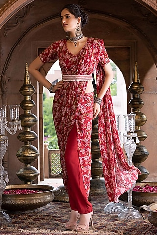 Maroon Crepe Printed Pant Saree Set by Chhavvi Aggarwal