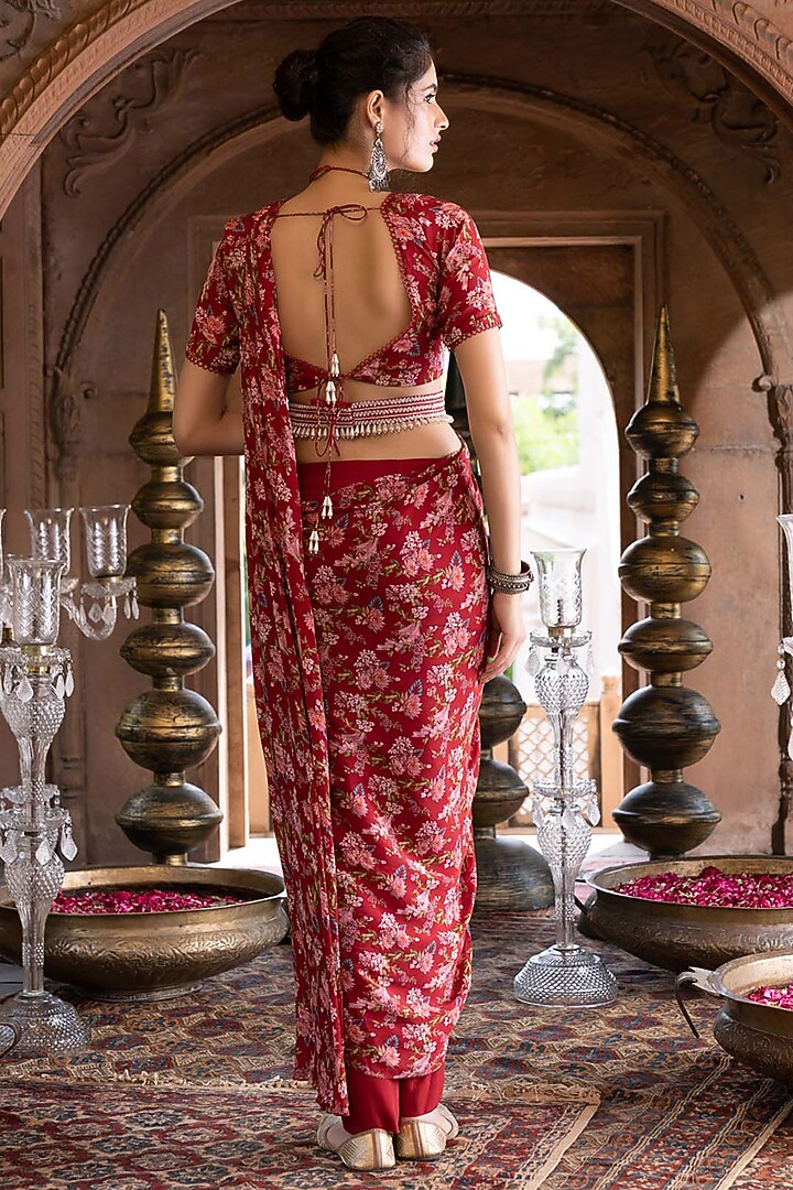 Maroon Crepe Printed Pant Party Wear Saree Set by Chhavvi Aggarwal at Pernia's Pop Up Shop