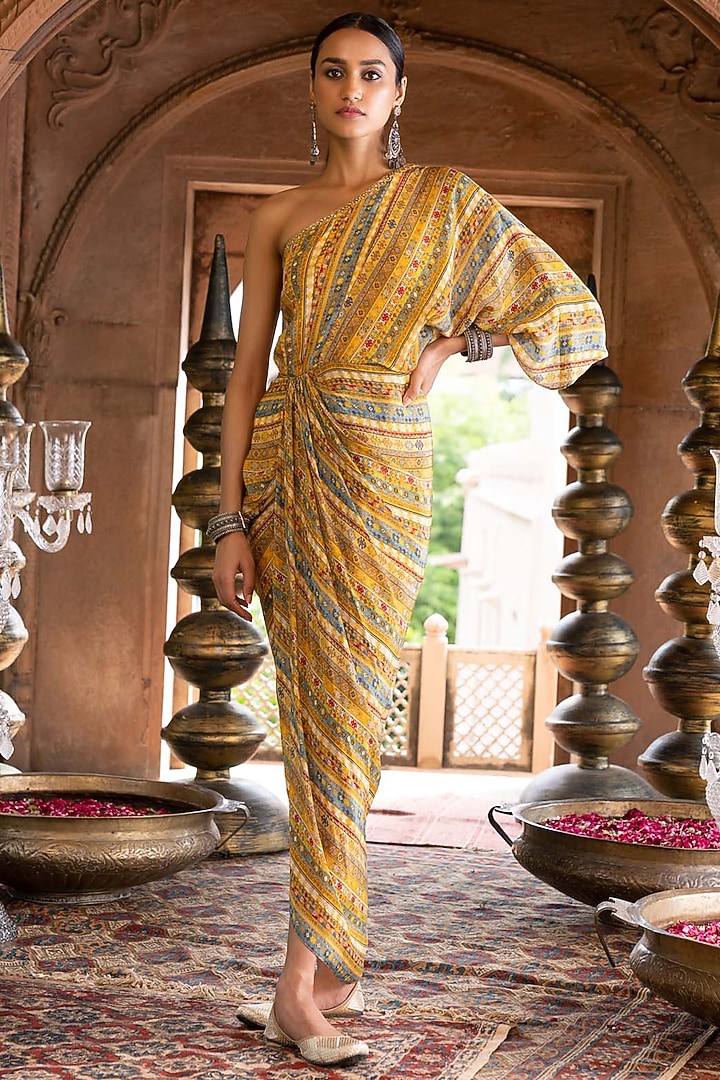 Yellow Printed One Shoulder Vacation Dress by Chhavvi Aggarwal at Pernia's Pop Up Shop