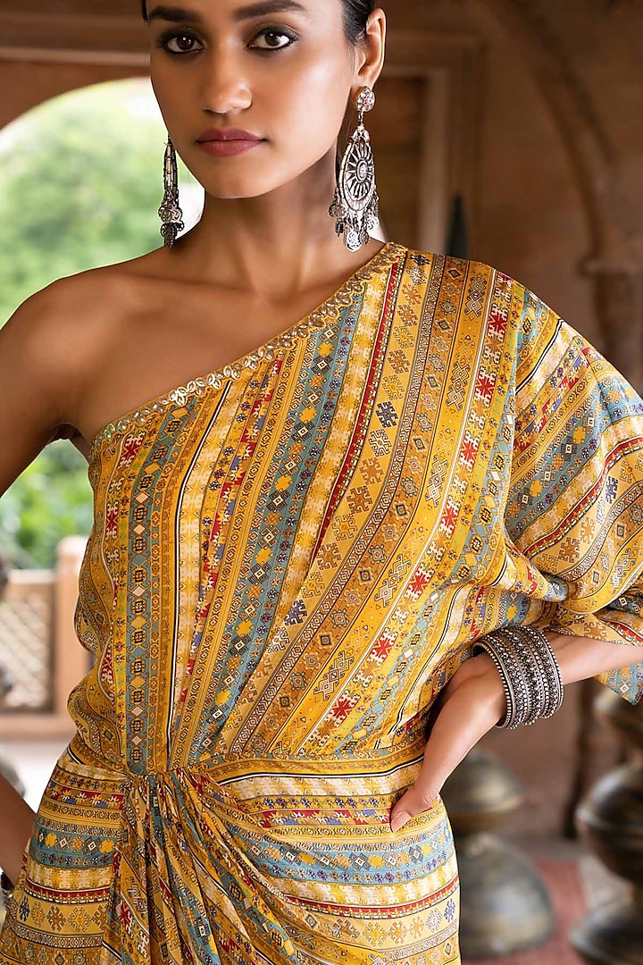 Yellow Printed One Shoulder Vacation Dress by Chhavvi Aggarwal at Pernia's Pop Up Shop