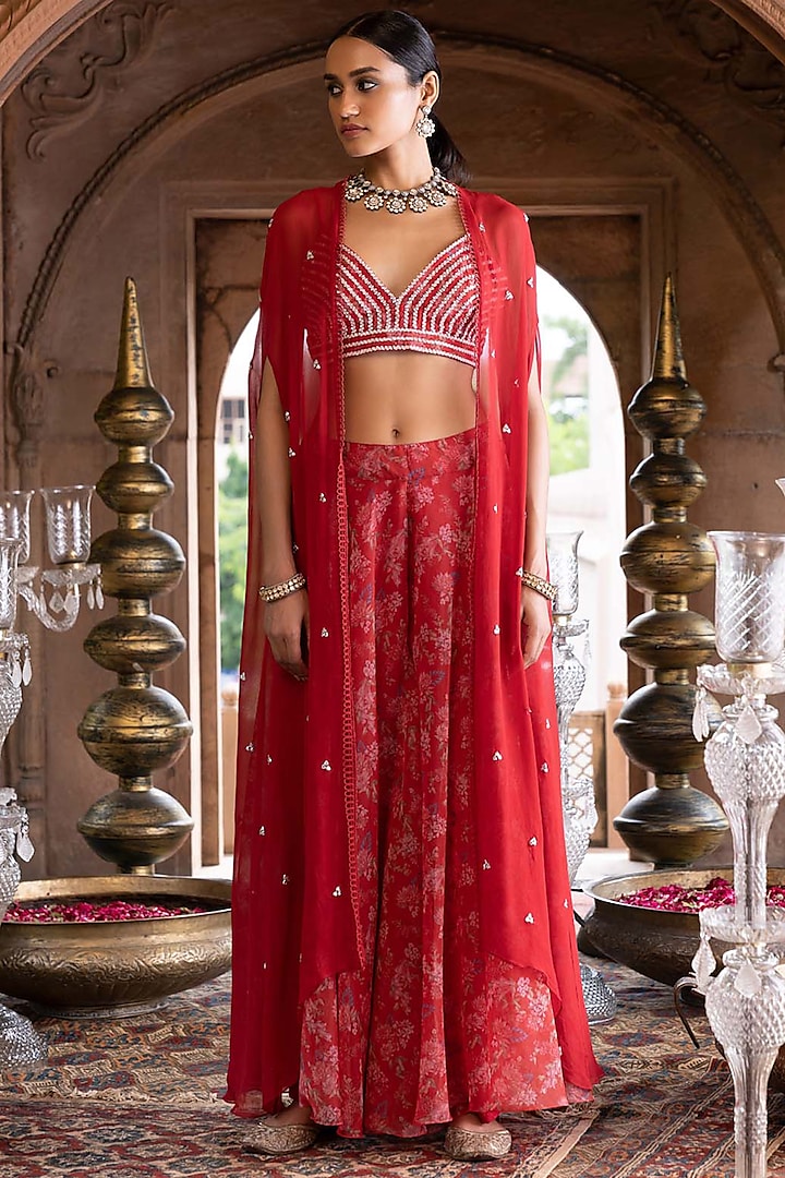 Red Printed Cape Set by Chhavvi Aggarwal