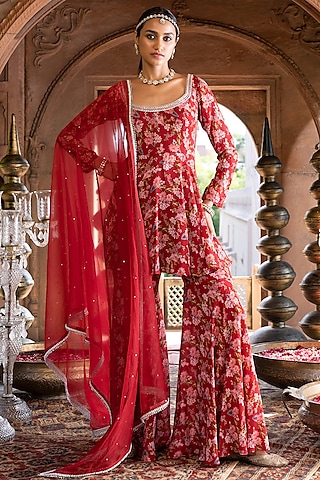 Maroon Crepe Printed Sharara Set by Chhavvi Aggarwal