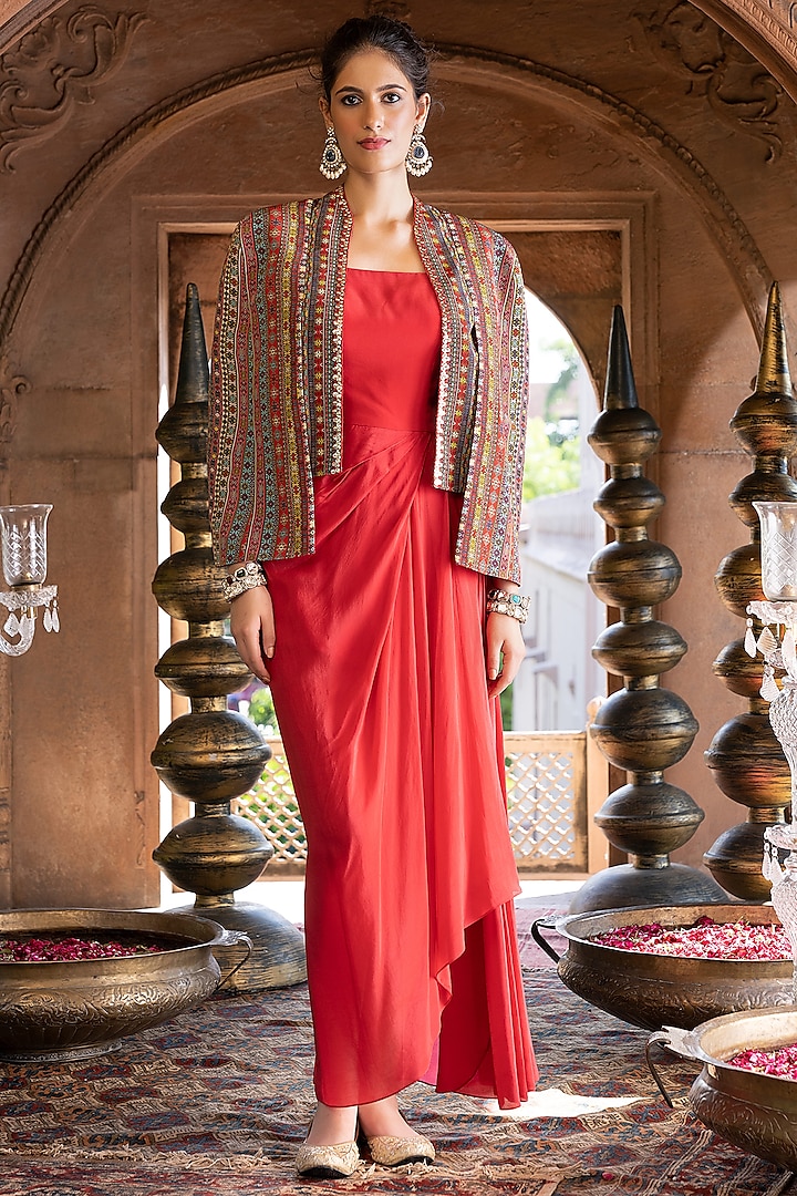 Red Crepe Jacket Dress by Chhavvi Aggarwal