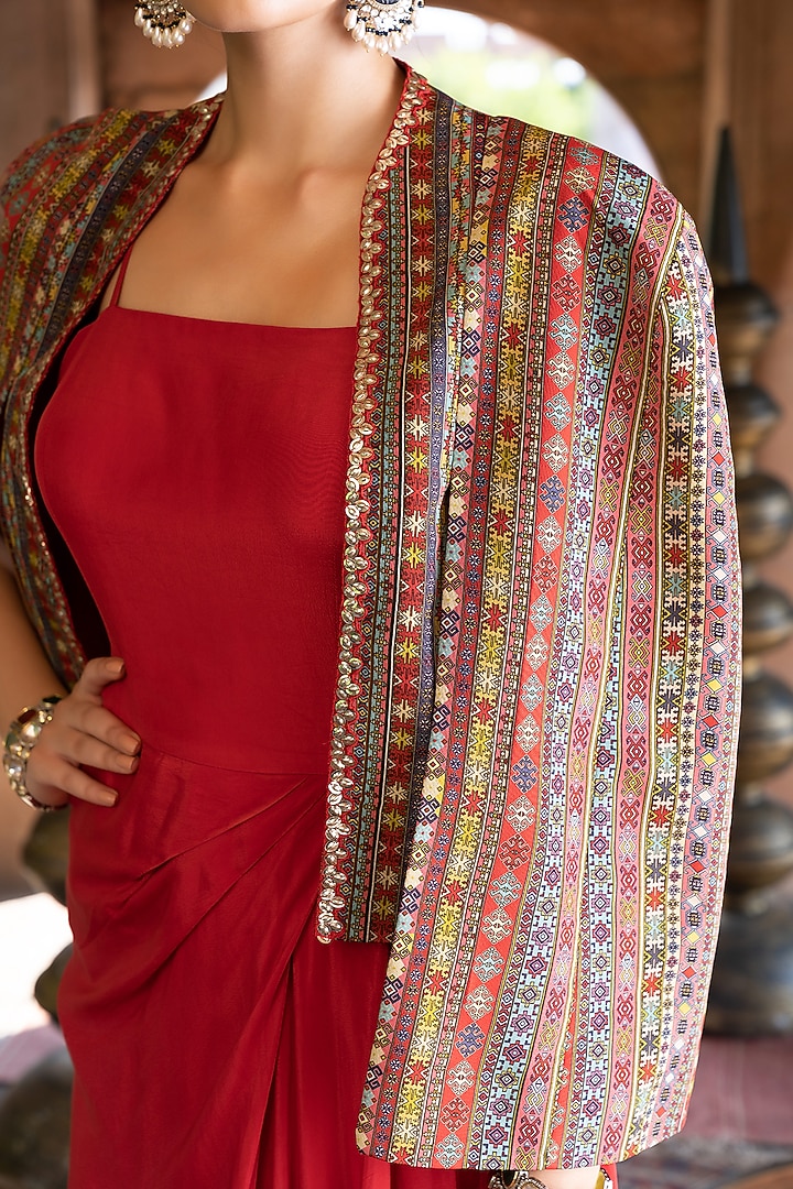 Red Crepe Jacket Vacation Dress by Chhavvi Aggarwal at Pernia's Pop Up Shop