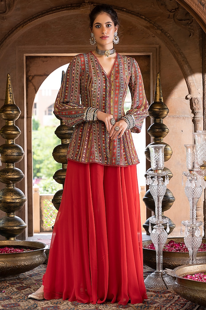 Red Georgette Pant Set by Chhavvi Aggarwal