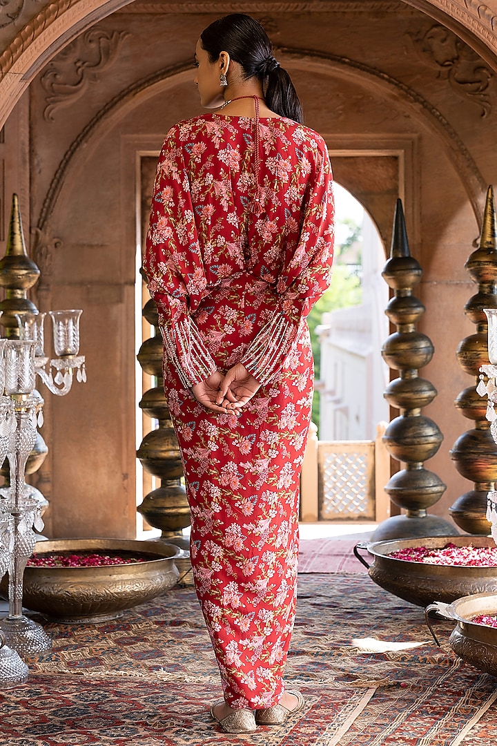 Maroon Printed Draped Vacation Dress by Chhavvi Aggarwal at Pernia's Pop Up Shop