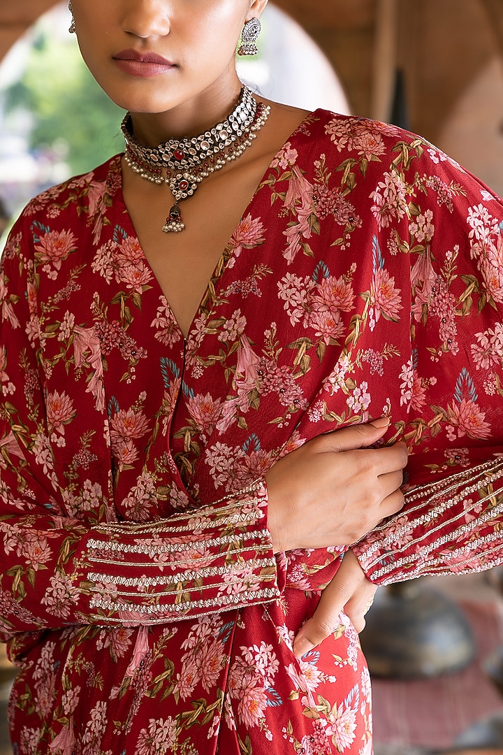 Maroon Printed Draped Vacation Dress by Chhavvi Aggarwal at Pernia's Pop Up Shop