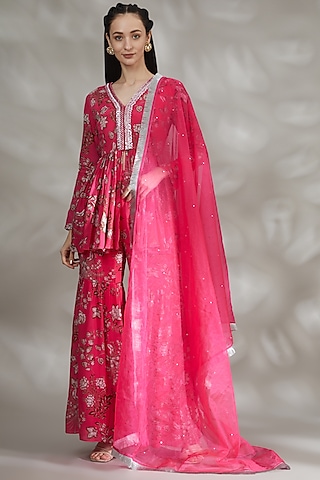 Fuchsia Crepe Printed Sharara Set by Chhavvi Aggarwal