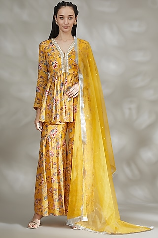 Yellow Crepe Printed Sharara Set by Chhavvi Aggarwal