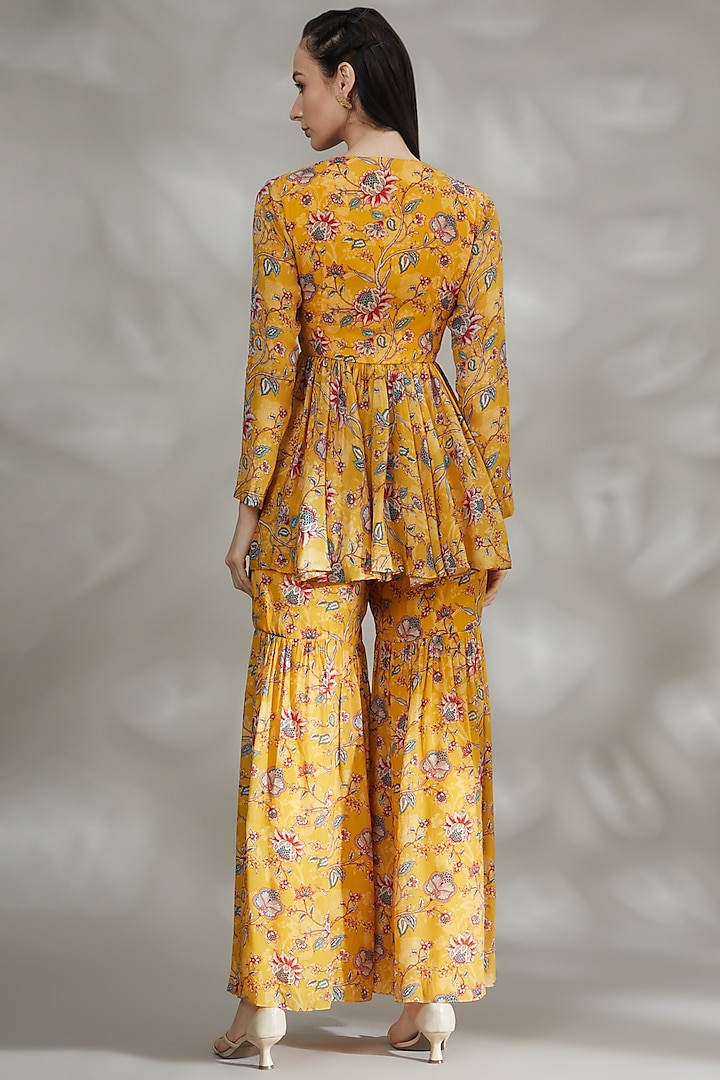 Yellow Crepe Printed Sharara Set Design by Chhavvi Aggarwal at