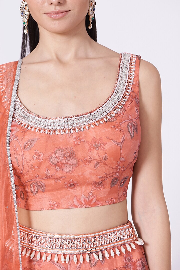 Coral Printed Wedding Lehenga Set by Chhavvi Aggarwal at Pernia's Pop Up Shop