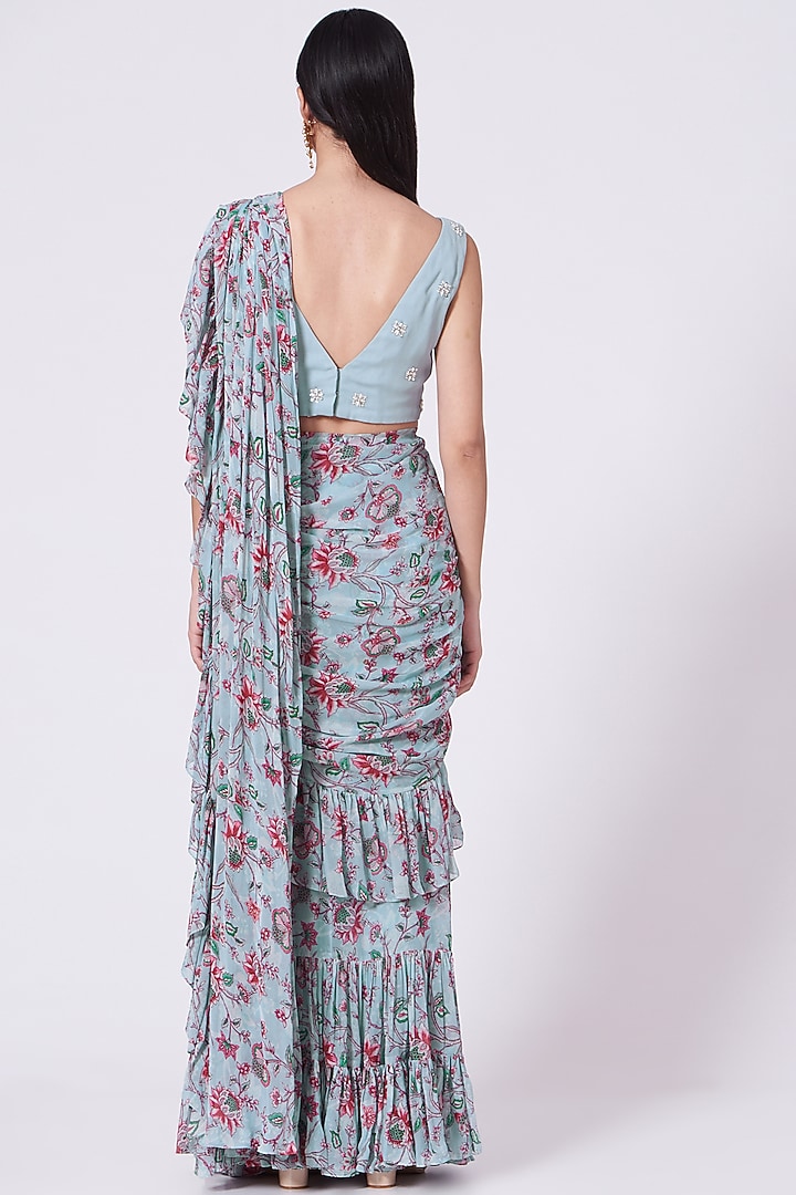 Powder Blue Georgette Printed Frilled Wedding Saree Set by Chhavvi Aggarwal at Pernia's Pop Up Shop