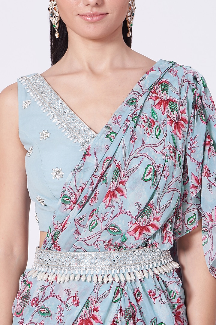 Powder Blue Georgette Printed Frilled Wedding Saree Set by Chhavvi Aggarwal at Pernia's Pop Up Shop